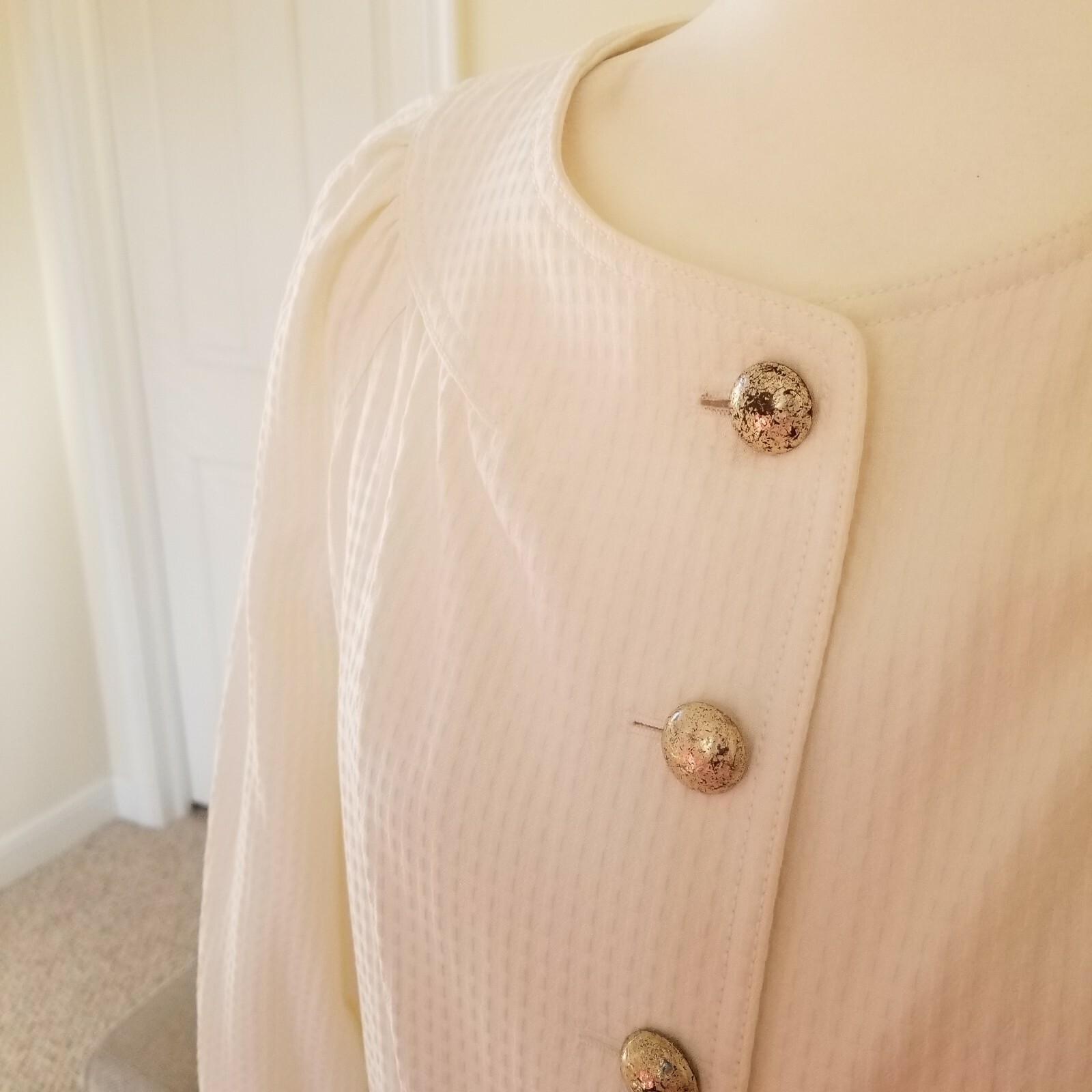 Ellen Tracy Off White Patterned Collarless Button… - image 3