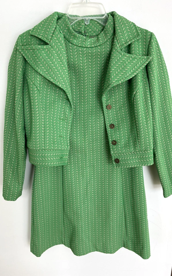 Vtg Mod Kim O'Hare Junior 2 PC Dress Cropped Jacket Green Tan Print Size 11 - Image 4 of 4