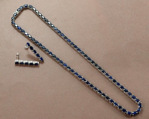 6x4 mm Natural Sapphire Gemstone 925 Sterling Silver Tennis Necklace & Earring - Picture 3 of 3
