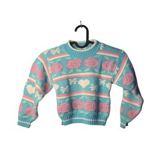 VTG Club House Sweater Blue Pink Rose Heart Knit Crew Neck Girls 4T Made in USA