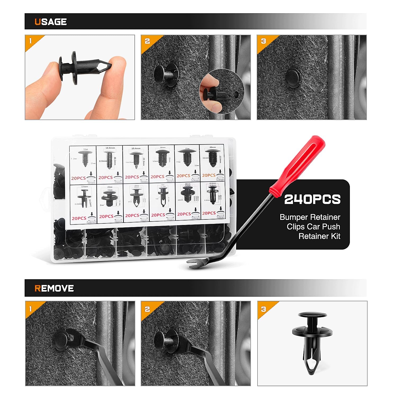 "GOOACC 240PCS Car Bumper Retainer Clips Set Push Rivets Fasteners for GM Ford"