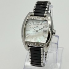 Women's ADEE KAYE All Stainless Steel, MOP Dial Watch, Black Stretch Band, Runs