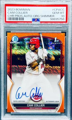 2023 Cam Collier Bowman Chrome Orange Shimmer /25 Auto RC 1st PSA 10 