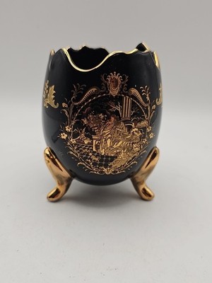 Vintage Porcelain Limoges France Cracked Egg Shaped Black/Gold 3 Footed Vase