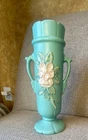 Vintage 1930s Weller Double Handled Pottery Vase Apple Blossom Green 10”