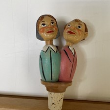 Vintage German Hand Carved WINE CORK STOPPER KISSING COUPLE 4 1/4 INCH