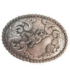 Vintage Nocona Bull Rider Rodeo Belt Buckle Silvertone Cowboy Western 3.5 x 2.25