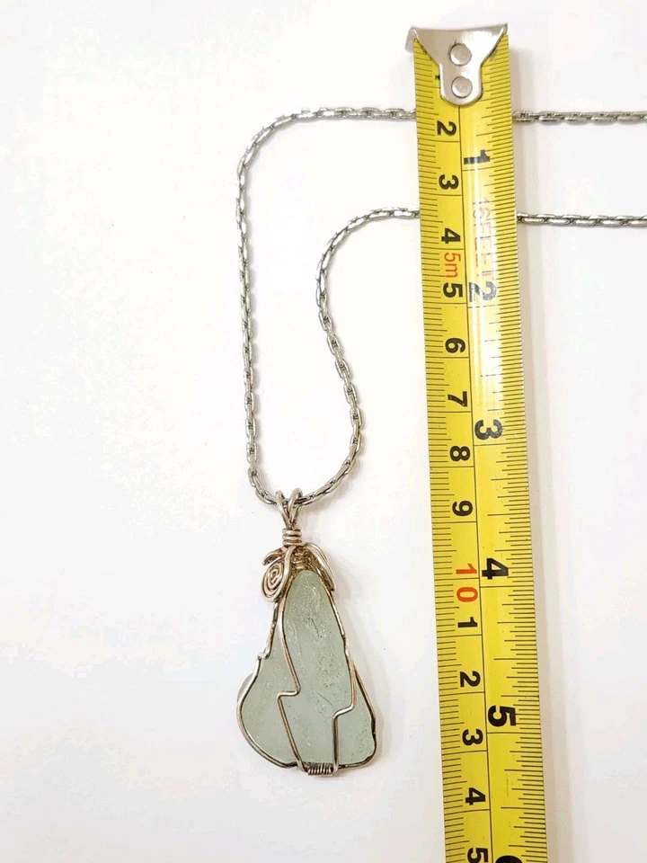 New Handmade Natural Sea Glass Ocean Stone Filigree Cage Pendant Silver Necklace - Image 3 of 4