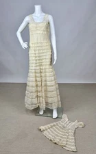 Antique 1930s White Pleated Net Lace Full Length Gown Matching Doll Dress AS IS