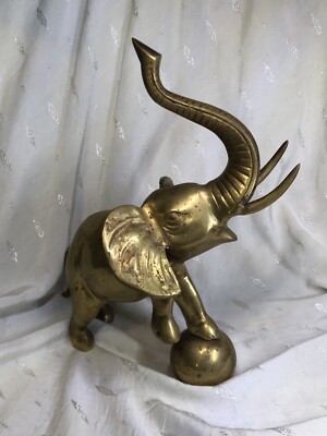 Lg Vintage Solid Brass Lucky Elephant Trunk Figurine Balancing On Ball ~ Indian