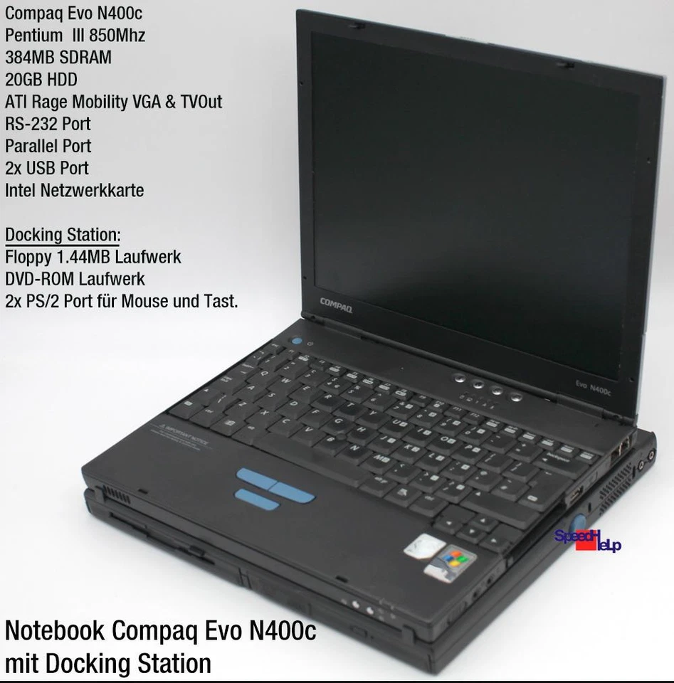 Netbook Notebook Compaq Evo N400C Docking Station Laptop Windows 98 384MB 20GB - Image 2 of 4