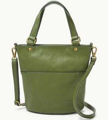 Fossil Amelia Chive Green Leather Bucket Bag Brass SHB2393350 NWT $178 Retail