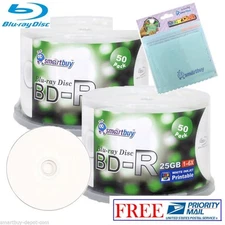100 Smartbuy BD-R 6X 25GB Blu-ray White Inkjet Printable Disc +Micro Fiber Cloth