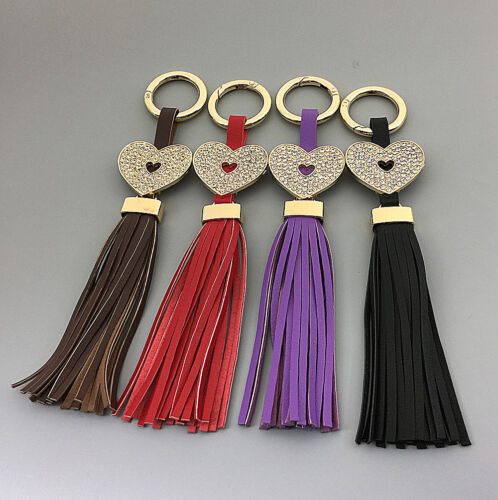 Leather Tassel Heart Crystal Handmade Handbag Purse Bag Keychain Key Ring - Afbeelding 1 van 7