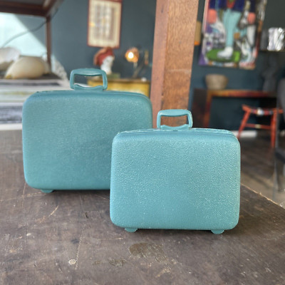 Vtg 1960s Barbie Teal Blue Luggage Samsonite Suitcase Set of 2