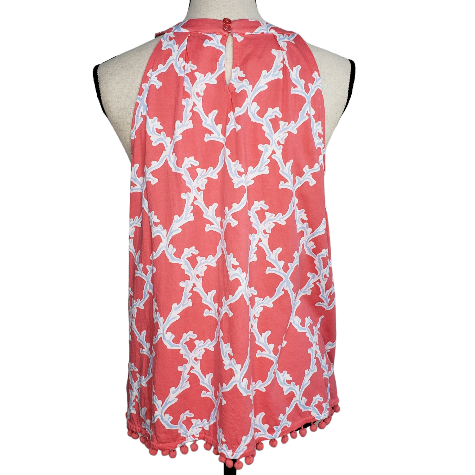 Crown & Ivy Halter Top S/L Small Peach Pink Floral Pompom Hem Keyhole Back