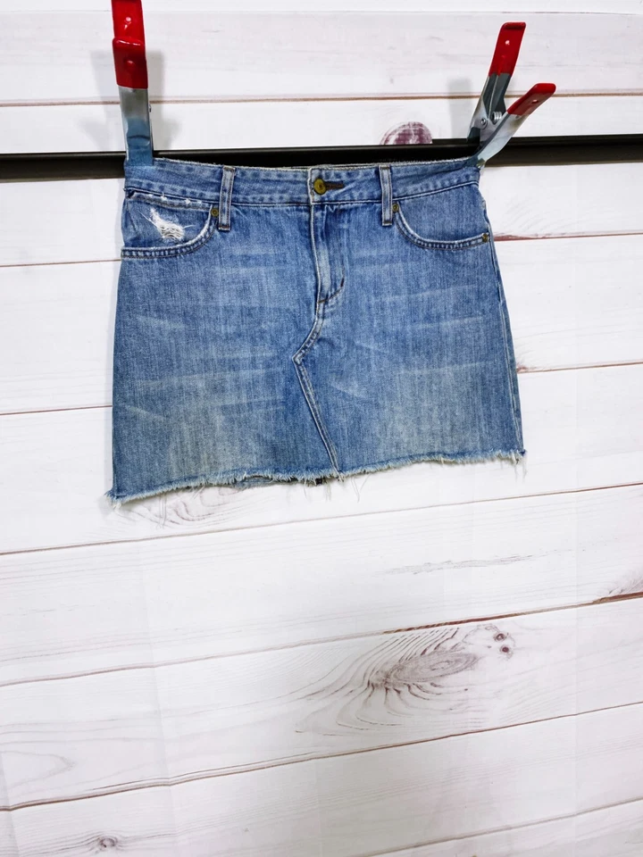 Бумага джинсовой ткани и ткани женская юбка размер S синий карманы искусственно состаренный необработанный кромки - Изображение 2 из 4