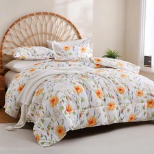 3 Piece Yellow Floral Print Comforter Set King Size, Botanical Microfiber down A