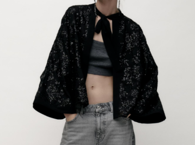 Zara Sequin Jacket Open Cape With Tie Bow Black Size M Medium 2488