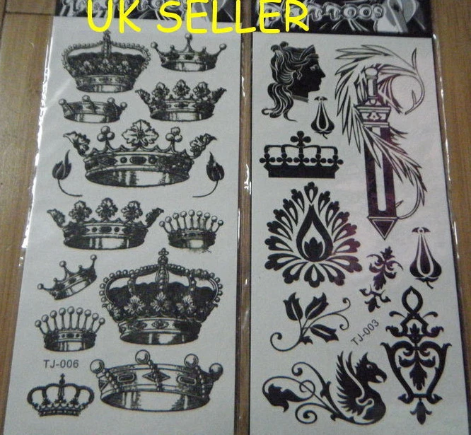 FAT-CAT-COPY-CATZ BLACK TRIBAL CELTIC KING QUEEN CROWN BRITANNIA TEMPORARY TATTOOS 180mm x 85mm