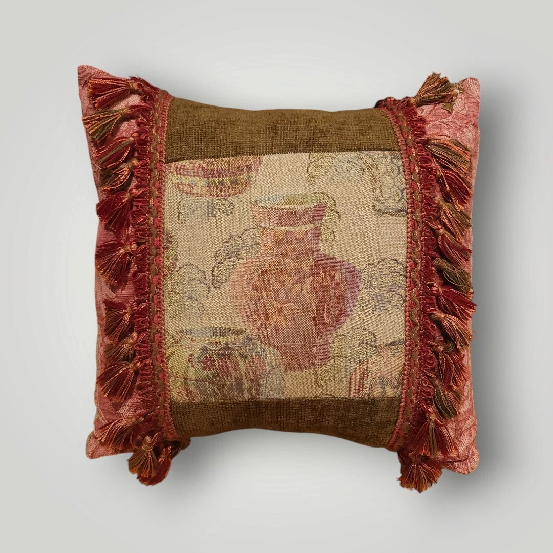 Tapestry Throw Pillow 15x15" Fringed Tassels Vase Pottery
Opens in a new window or tab