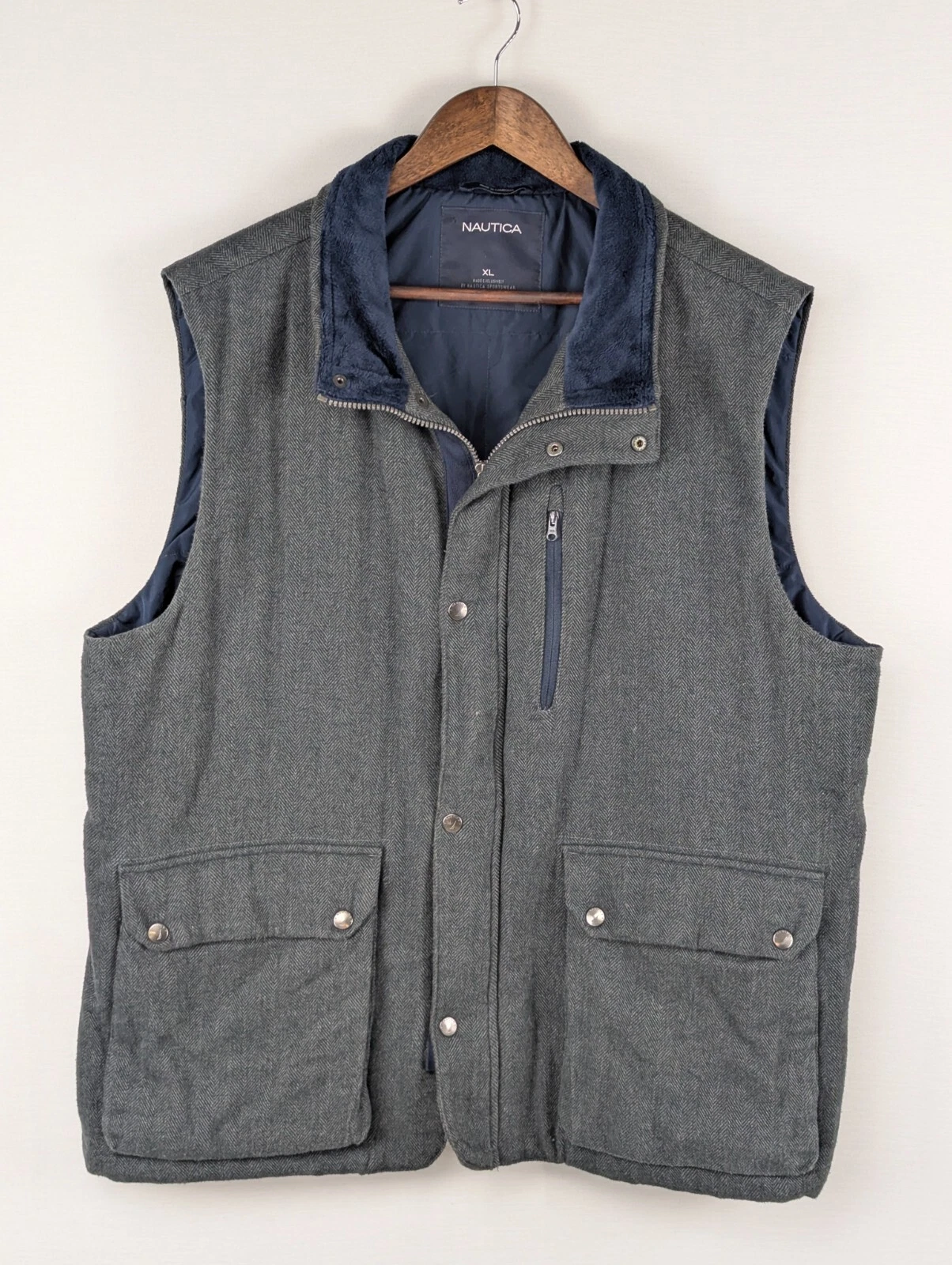 Nautica Sportswear Vest Mens XL Gray Quilted Lined Fleece Collar Utility Pockets