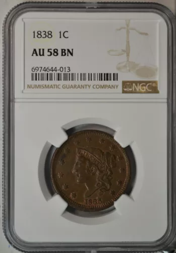 1838 Coronet Head large cent, NGC AU58