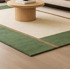 Hand Tufted Wool Area Rug: Cream with Green Border, Modern Minimalist Carpet