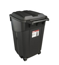 Tough 45 Gallon Wheeled Heavy Duty Plastic Garbage Can, Attached Lid, Black