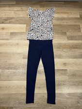 Ladies Spring Summer Maternity Outfit Blue Leggings, Beige Floral Top H&M S/M