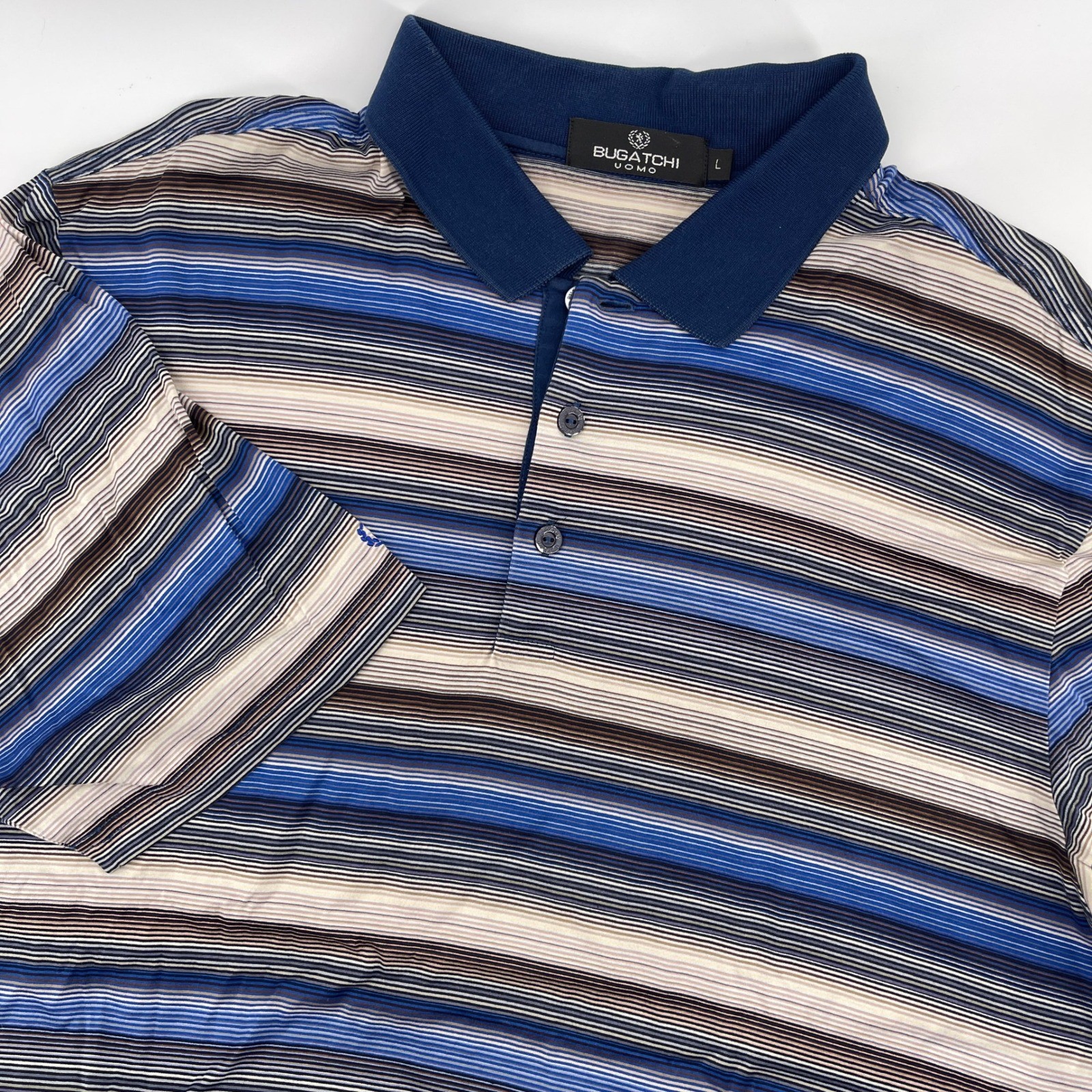 Bugatchi Uomo Men's Large Blue Brown Beige Striped Short Sleeve Polo Shirt