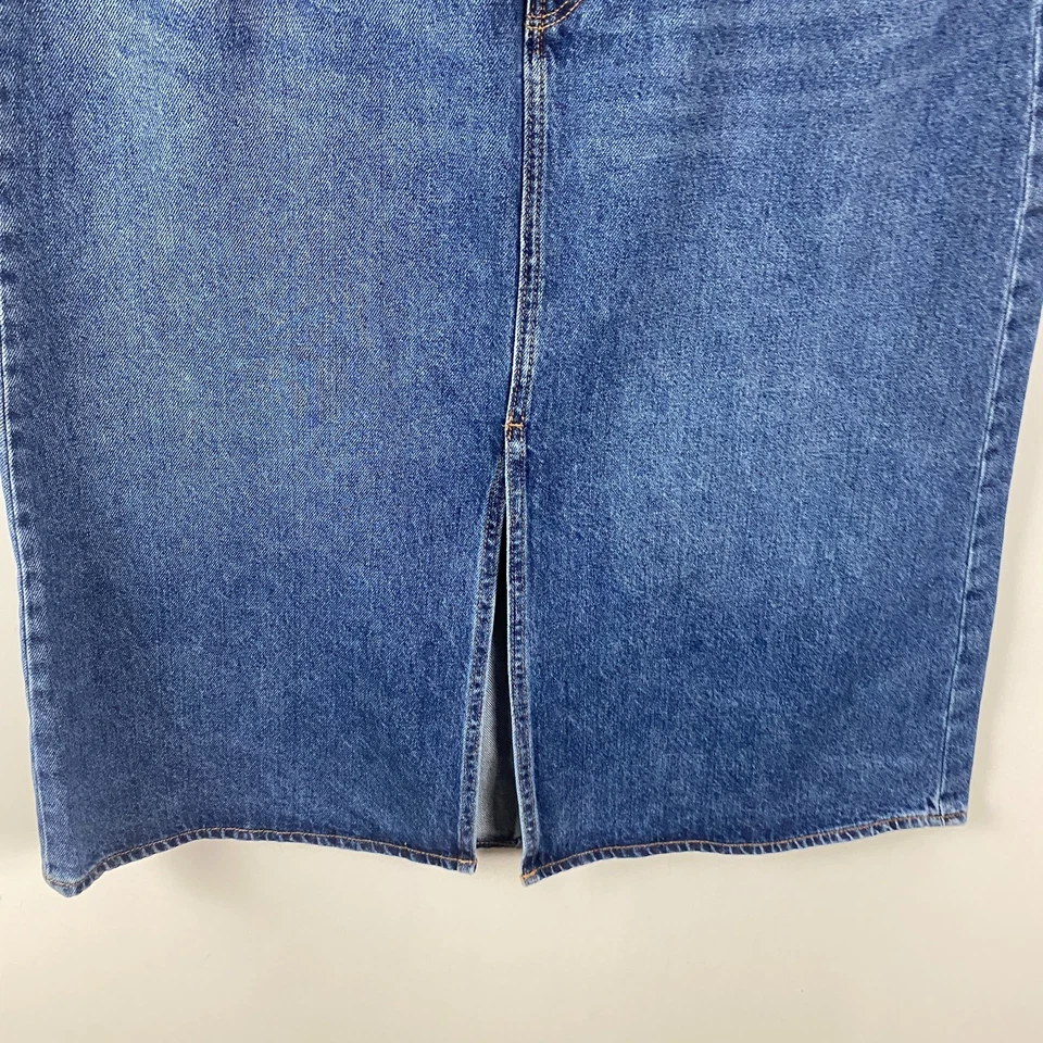 Falda midi vaquera de tiro alto azul marino antigua talla 16 con abertura bolsillos delanteros de algodón Foto 3 de 4