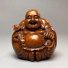 55mm China Exquisite Boxwood Handmade Carved Happy Maitreya Buddha Statue W531