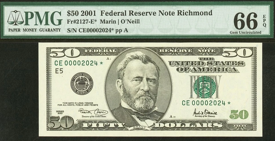 2001 $50 FRN Richmond PMG 66EPQ - Birthday Star - Low Serial Number 00002024* - Image 2 of 3