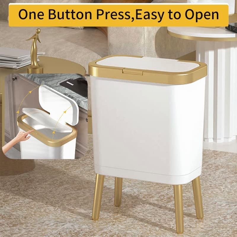 Bathroom Trash Can with Lid, Plastic Garbage Can with Legs, 4 Gallon Gold Trash
