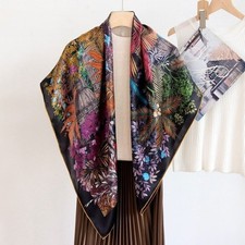 Mulberry Silk Wrap Shawl Bandanna Shawl Castle Flowers Print Square Scarf 43"