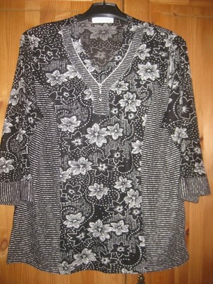 Domitex women's shirt 3/4 sleeve worn size L + black flowers ''stretch'' cute