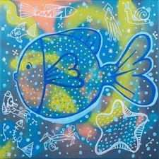 HANDMADE SIGNED PUFFERFISH EXPRESSIONISM ART PAINTING BY ANDREW WILCOX