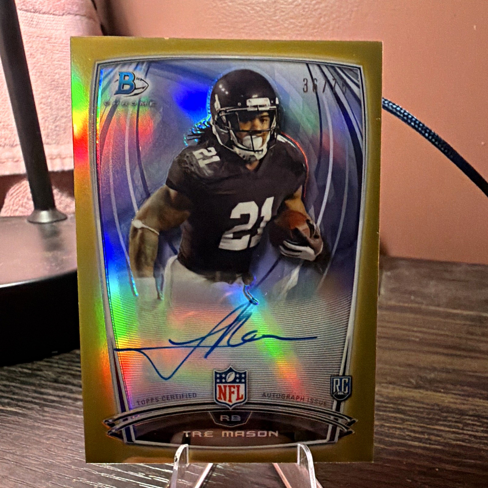 Topps 2014 Bowman Football Tre Mason Rookie Chrome Refractor Auto Gold /75 #37