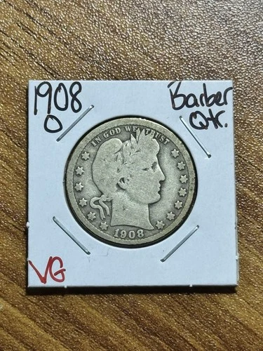 1908 O Barber Silver Quarter VG Very Good Better Date U.S. 25c Coin (Raw14616)