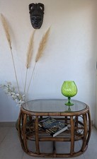 ​Table Basse Ovale Rotin Vintage 1970 - Style Riviera / Boho - Double Plateau
