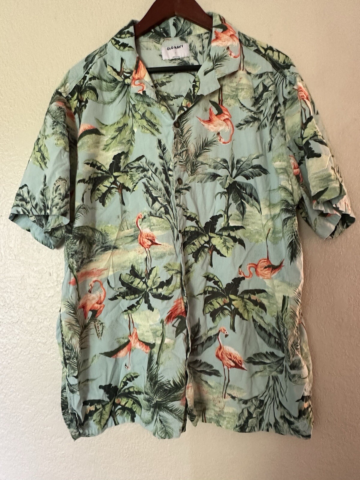 Old Navy Green Large Tropical Flamingo Hawaiian Cotton/Rayon Short Sleeve Shirt