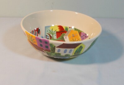 Pier 1 Villa Del Sol Hand-Painted Earthenware Serving Bowl 11'' Tall Houses