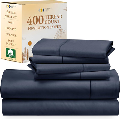 Luxury 6-Pc Queen Sheet Set - 400TC Cotton, Deep Pocket, Indigo Blue