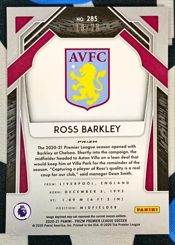 2020-21 Panini Prizm EPL Soccer Ross Barkley Aston Villa Red Stars /28 - Image 2 of 2