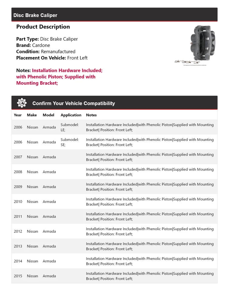 Pinça de freio a disco dianteira esquerda Cardone 2007 2008 2009 Nissan Armada 2006-2015 - Imagem 2 de 4