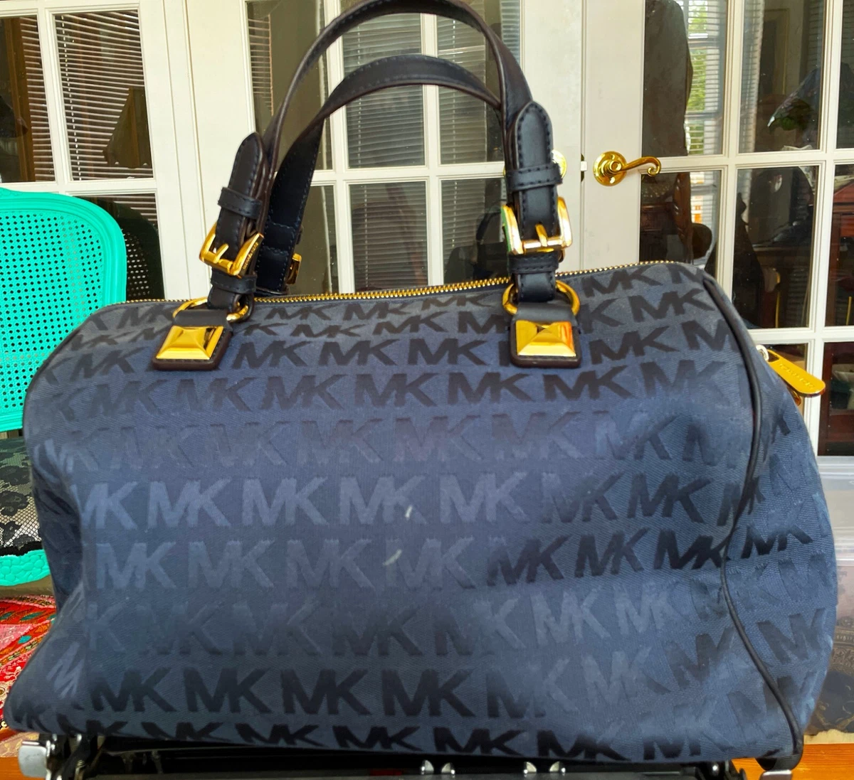 MICHAEL KORS Dark Blue MK logo canvas Satchel Handbag eBay