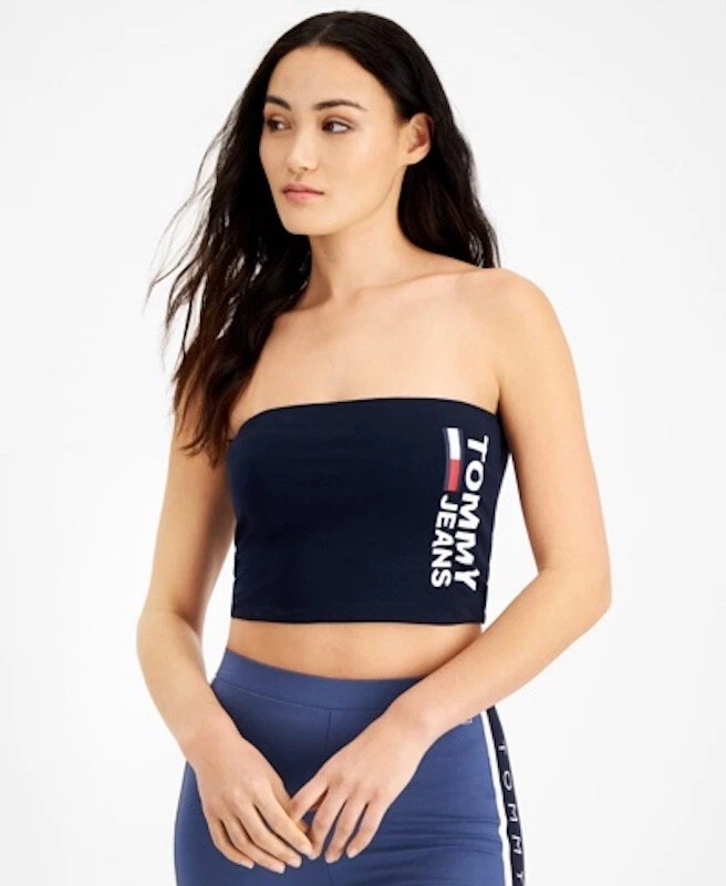 NWT $39 TOMMY HILFIGER Tommy JEANS Fused Logo Bandeau Top In Sky Captain  Navy