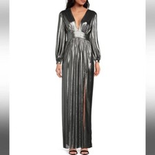 Gianni Bini Zella Metallic V-Back Front Slit Column Gown