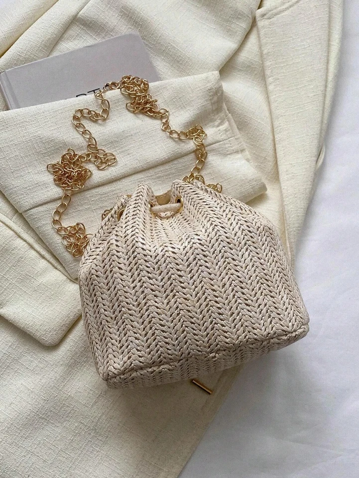 Womens Beige Small Straw Bag Gold Chain Strap Summer Holiday Beach Party Gift - Image 3 of 4